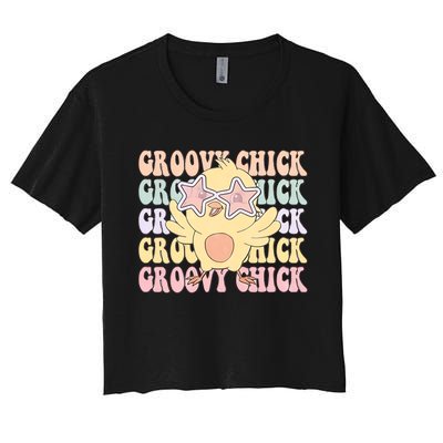 Groovy Chick Funny Retro Cute Chicken With Star Glasses Farming Farmer Women's Crop Top Tee