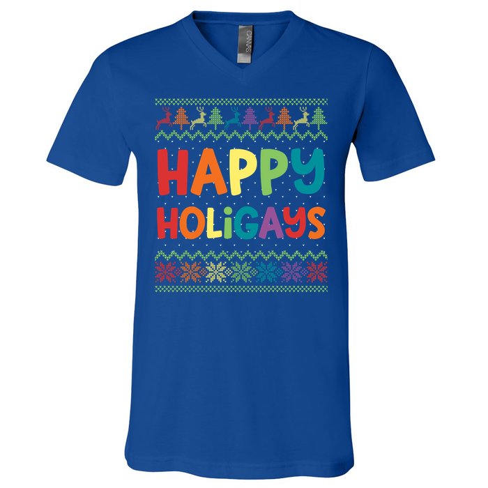 Gay Christmas Funny Lgbt Happy Holigays Rainbow Party Gift Meaningful Gift V-Neck T-Shirt