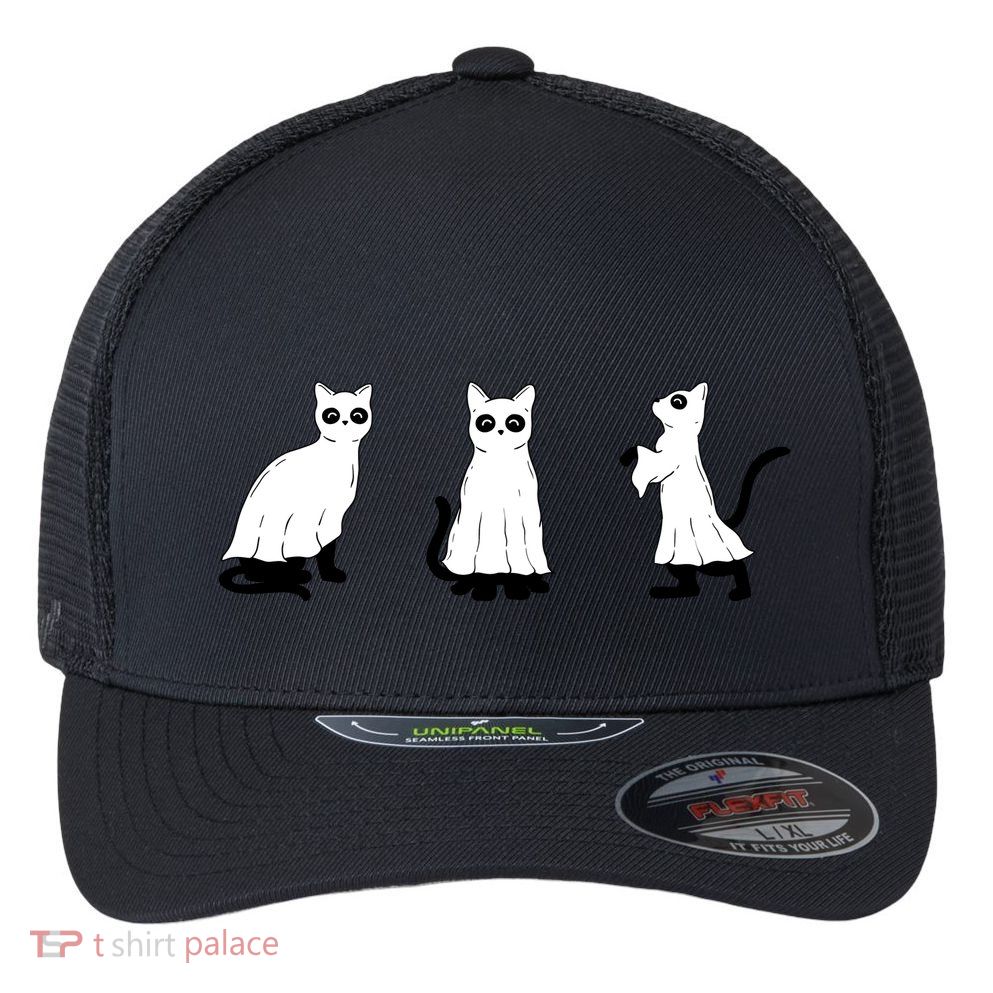 Ghost Cats Funny Halloween Flexfit Unipanel Trucker Cap