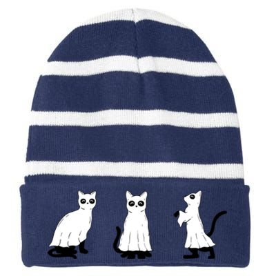 Ghost Cats Funny Halloween Striped Beanie with Solid Band