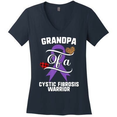 Grandpa Cystic Fibrosis Awareness Leopard Buffalo Plaid Gift Women's V-Neck T-Shirt