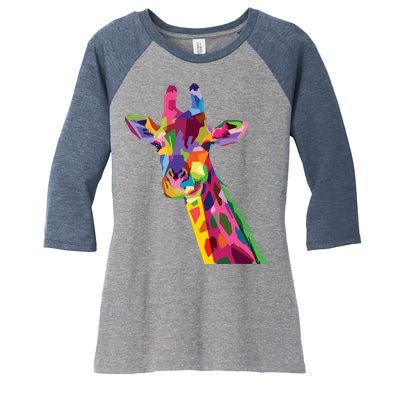 Giraffe Colorful Geometric Mammal Fauna Pop Art Style Women's Tri-Blend 3/4-Sleeve Raglan Shirt