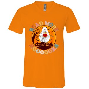 Groovy Cute Ghost Boo Read More Books Funny Halloween V-Neck T-Shirt