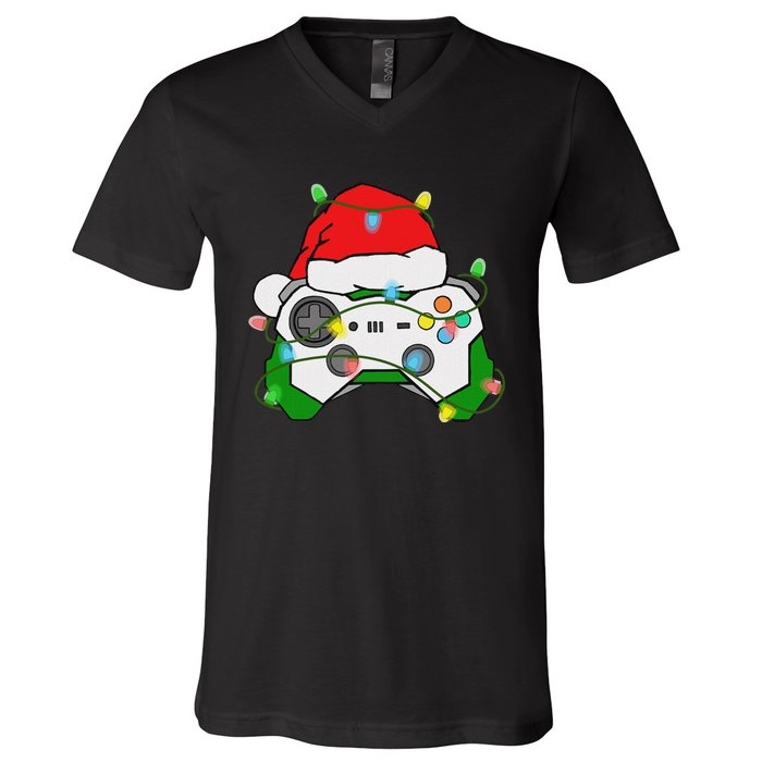 Gamer Christmas Gaming Santa Hat Video Game Controller V-Neck T-Shirt