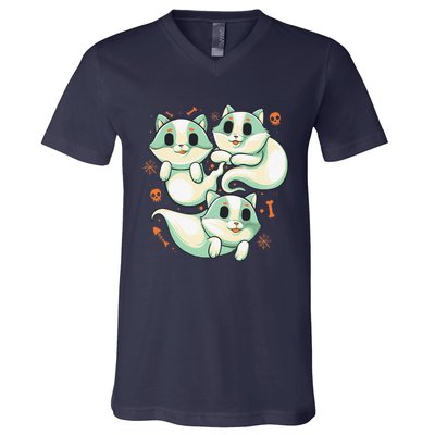 Ghost Cats Halloween Spooky Skeleton Bones Boo Halloween Cat V-Neck T-Shirt