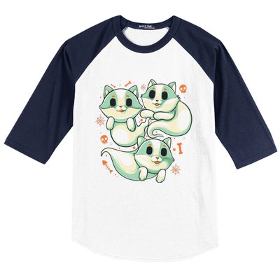 Ghost Cats Halloween Spooky Skeleton Bones Boo Halloween Cat Baseball Sleeve Shirt