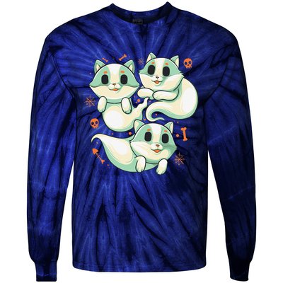 Ghost Cats Halloween Spooky Skeleton Bones Boo Halloween Cat Tie-Dye Long Sleeve Shirt