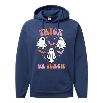 Groovy Cute Heart Ghost Spooky Halloween Trick Or Teach Performance Fleece Hoodie