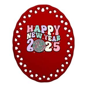 Groovy Cute Happy New Year 2025 Disco Ball Gift Ceramic Oval Ornament