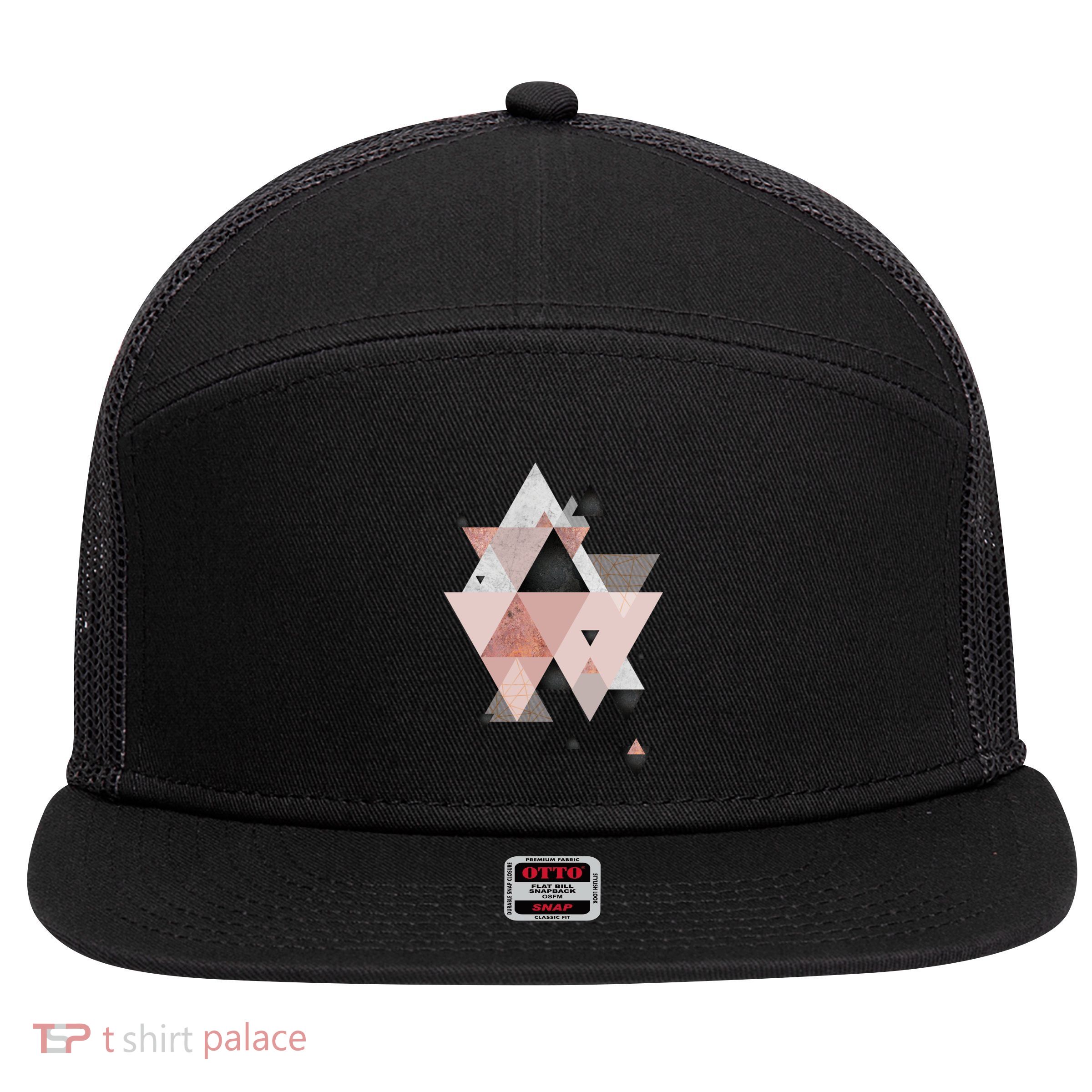 Geometric Compilation In Rose Gold And Blush Pink 7 Panel Mesh Trucker Snapback Hat