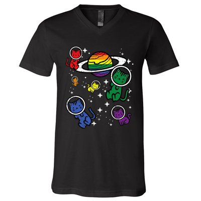 Gay Cats In Space Rainbow Pride Month Lgbtq Ally V-Neck T-Shirt