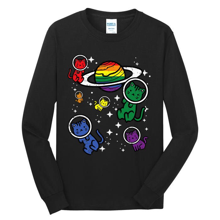 Gay Cats In Space Rainbow Pride Month Lgbtq Ally Tall Long Sleeve T-Shirt