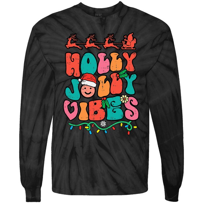 Groovy Christmas Jolly Holly Vibes Retro Xmas Tie-Dye Long Sleeve Shirt