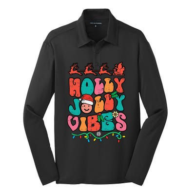 Groovy Christmas Jolly Holly Vibes Retro Xmas Funny Funny Silk Touch Performance Long Sleeve Polo