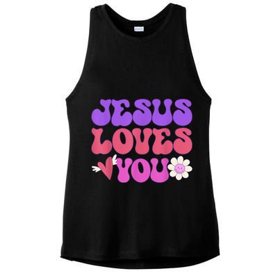 Groovy Christian Jesus Loves You 70's Hippie Ladies PosiCharge Tri-Blend Wicking Tank