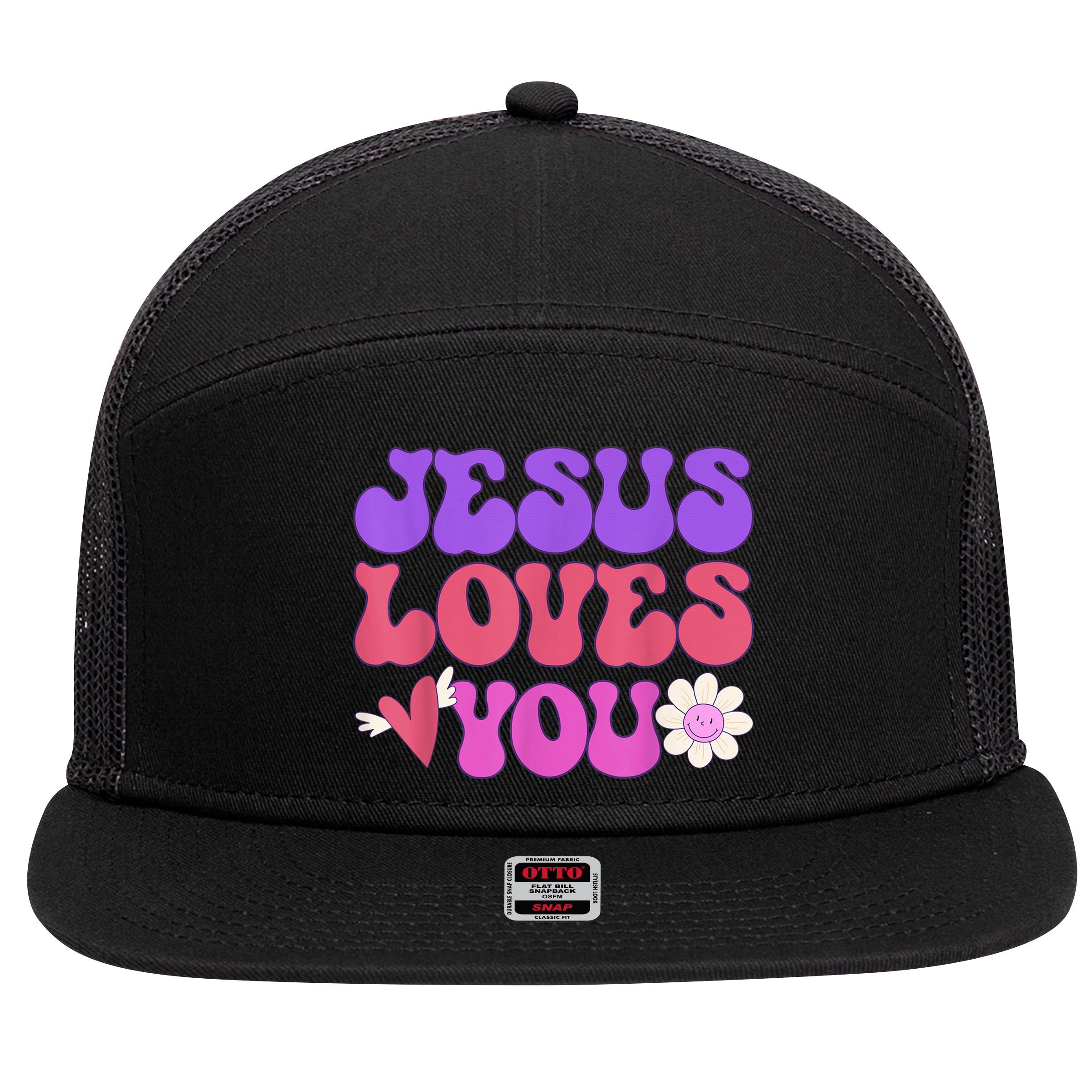 Groovy Christian Jesus Loves You 70's Hippie 7 Panel Mesh Trucker Snapback Hat