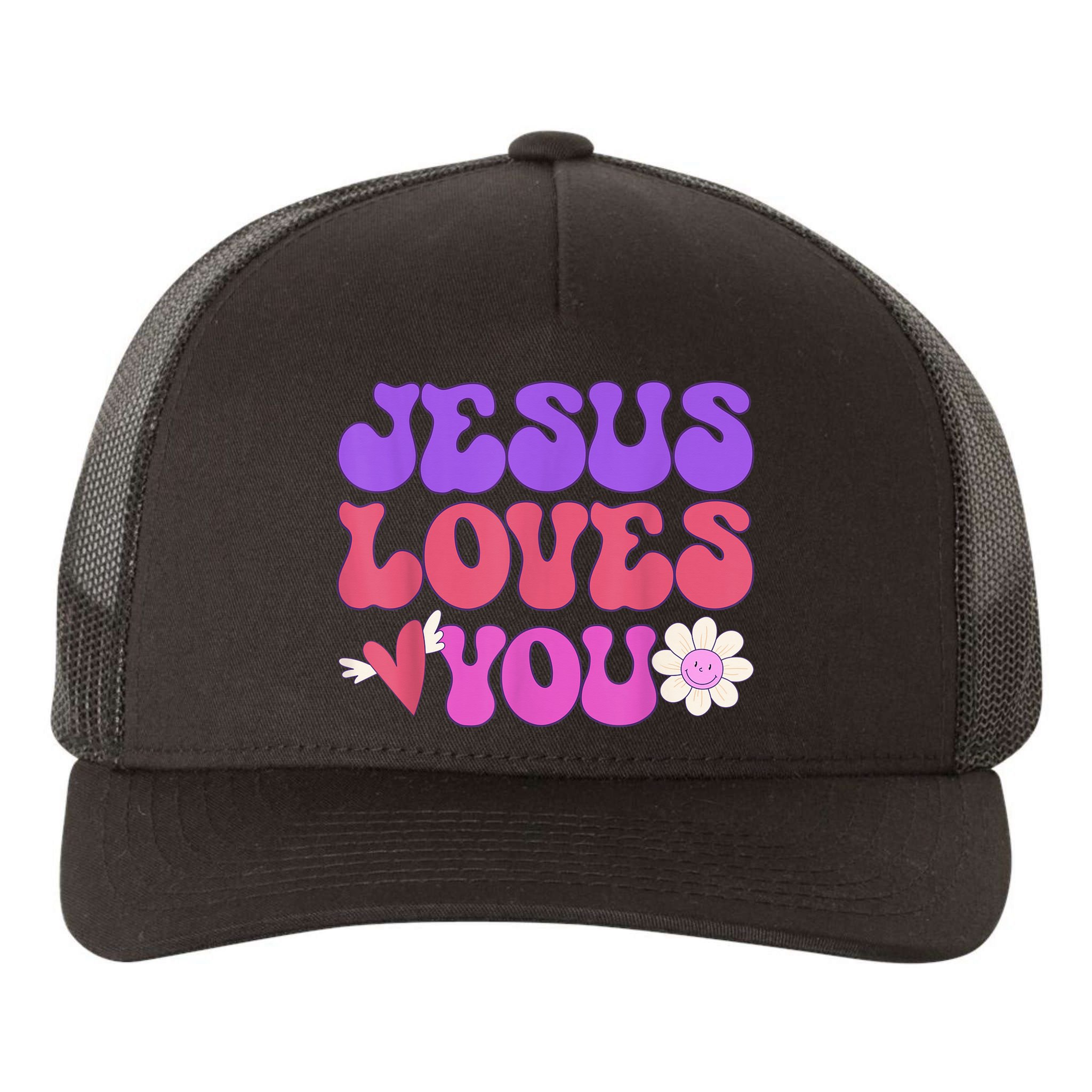 Groovy Christian Jesus Loves You 70's Hippie Yupoong Adult 5-Panel Trucker Hat