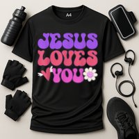 Groovy Christian Jesus Loves You 70's Hippie Cooling Performance Crew T-Shirt
