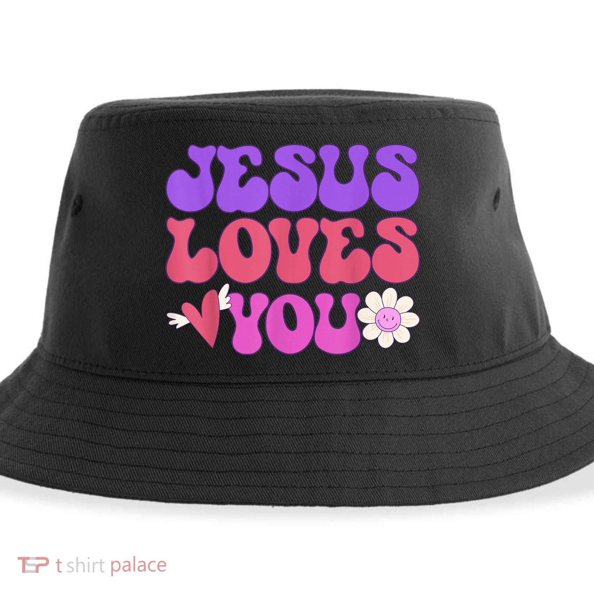 Groovy Christian Jesus Loves You 70's Hippie Sustainable Bucket Hat