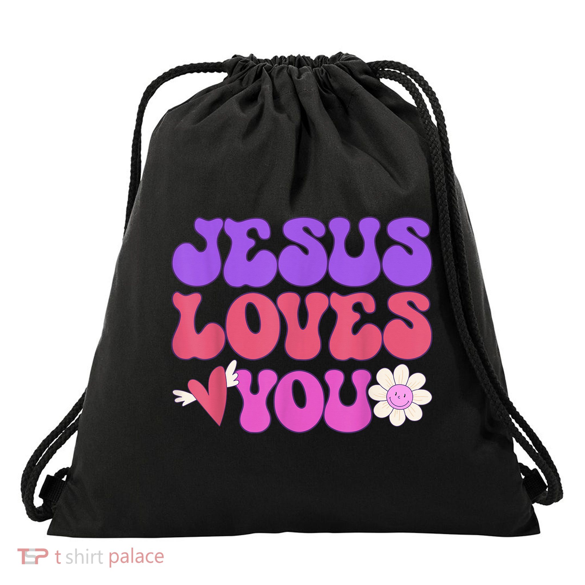Groovy Christian Jesus Loves You 70's Hippie Drawstring Bag