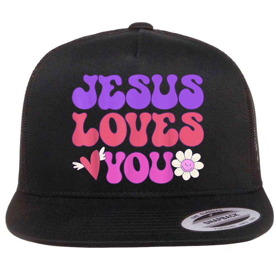 Groovy Christian Jesus Loves You 70's Hippie Flat Bill Trucker Hat
