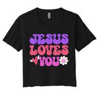 Groovy Christian Jesus Loves You 70's Hippie Women's Crop Top Tee