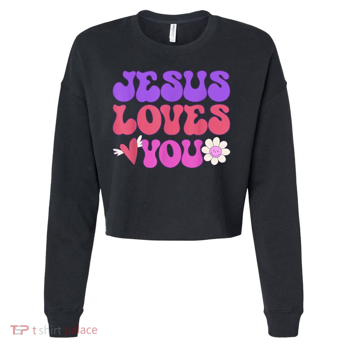 Groovy Christian Jesus Loves You 70's Hippie Cropped Pullover Crew