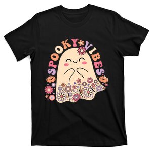 Groovy Cute Kawaii Ghost Floral Spooky Vibes Hippie Pumpkin T-Shirt