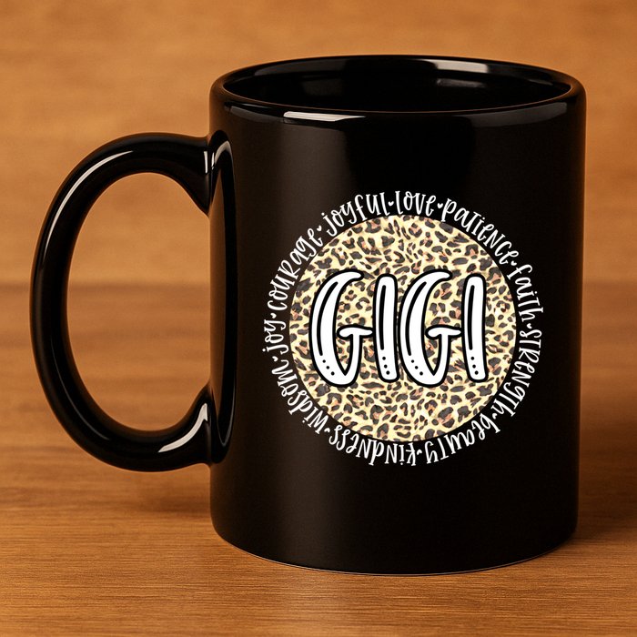Gigi Cheetah Leopard Print Circle Love Patience Black Gift 11oz C Handle Ceramic Mug