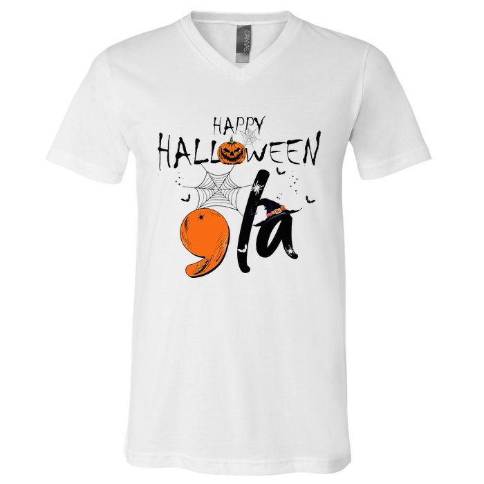 Ghost Comma La Kamala Harris 2024 Halloween Election V-Neck T-Shirt