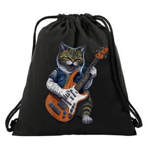 Guitar Cat Lover Graphic Funny Cat Playing Cats Kitten Lover Gift Drawstring Bag