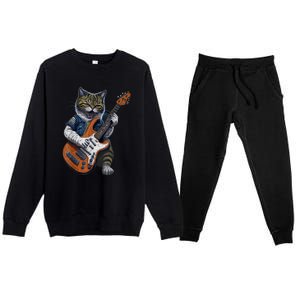 Guitar Cat Lover Graphic Funny Cat Playing Cats Kitten Lover Gift Premium Crewneck Sweatsuit Set