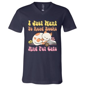 Groovy Cat Lovers And Bookworms Design For Readers V-Neck T-Shirt