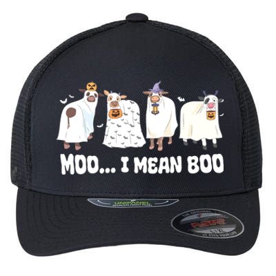 Ghost Cows Moo I Mean Boo Spooky Cow Halloween Flexfit Unipanel Trucker Cap