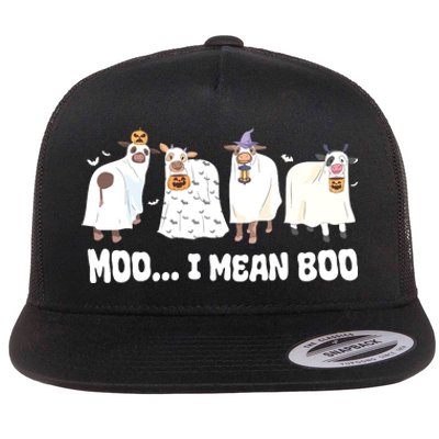 Ghost Cows Moo I Mean Boo Spooky Cow Halloween Flat Bill Trucker Hat