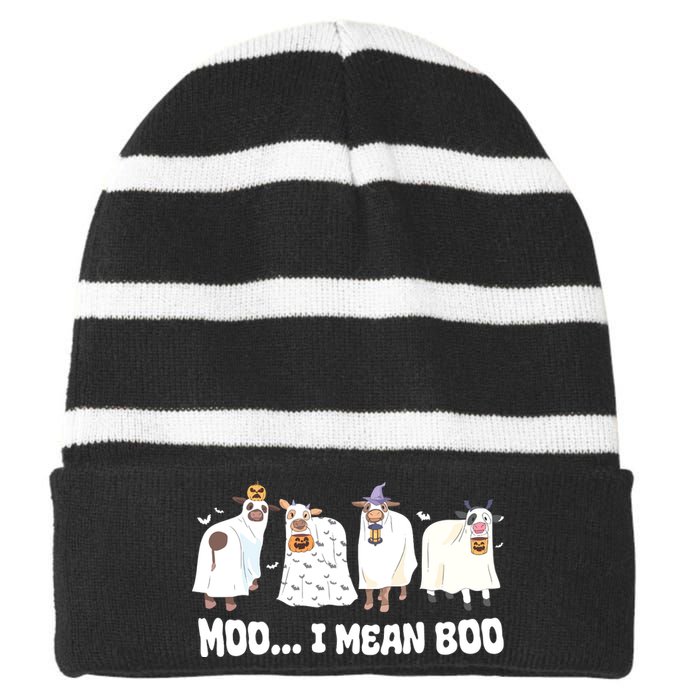 Ghost Cows Moo I Mean Boo Spooky Cow Halloween Striped Beanie with Solid Band