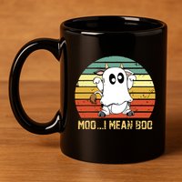 Ghost Cow Moo I Mean Boo Halloween Funny Cow Lover 11oz C Handle Ceramic Mug