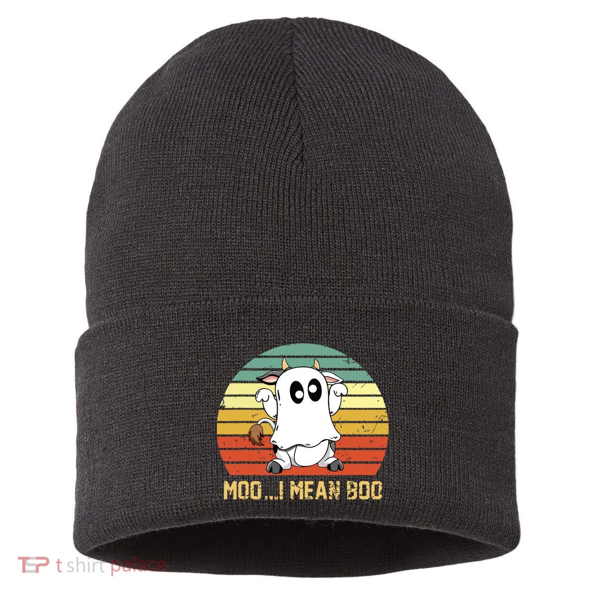 Ghost Cow Moo I Mean Boo Halloween Funny Cow Lover Sustainable Knit Beanie