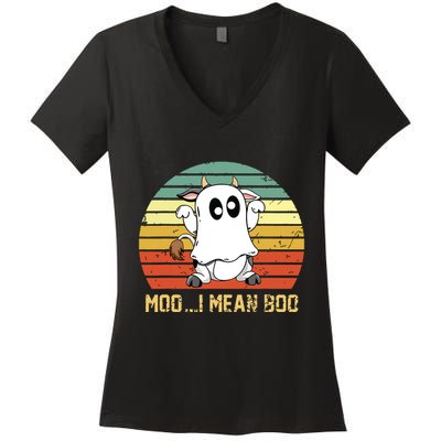 Ghost Cow Moo I Mean Boo Halloween Funny Cow Lover Women's V-Neck T-Shirt