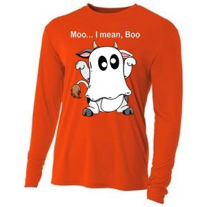 Ghost Cow Moo I Mean Boo Halloween Outfit Funny Cow Lover Cooling Performance Long Sleeve Crew