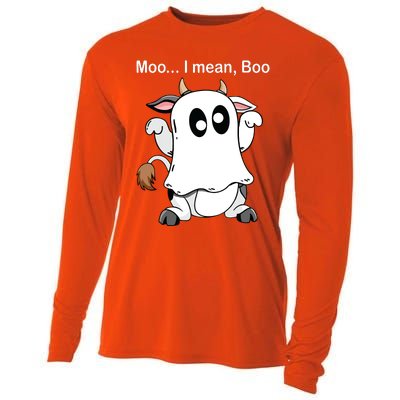 Ghost Cow Moo I Mean Boo Halloween Outfit Funny Cow Lover Cooling Performance Long Sleeve Crew