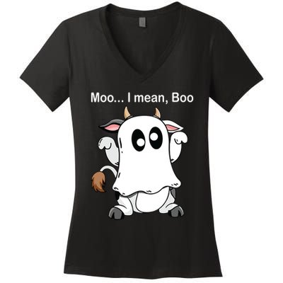 Ghost Cow Moo I Mean Boo Halloween Outfit Funny Cow Lover Women's V-Neck T-Shirt