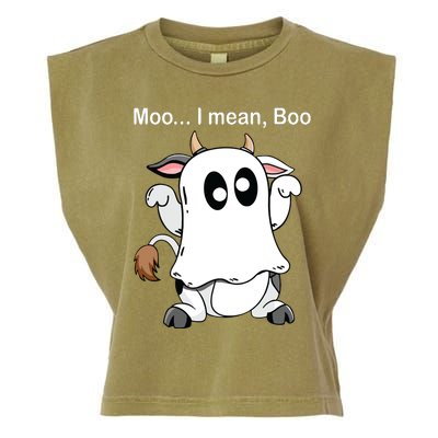 Ghost Cow Moo I Mean Boo Halloween Outfit Funny Cow Lover Garment-Dyed Women's Muscle Tee