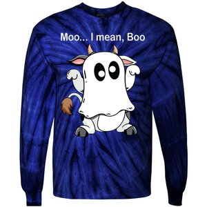 Ghost Cow Moo I Mean Boo Halloween Outfit Funny Cow Lover Tie-Dye Long Sleeve Shirt