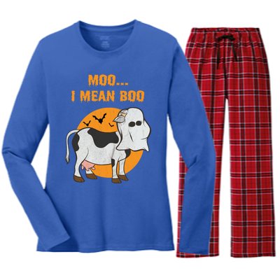 Ghost Cow Moo I Mean Boo Gift Women's Long Sleeve Flannel Pajama Set 