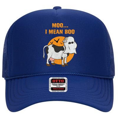 Ghost Cow Moo I Mean Boo Gift High Crown Mesh Back Trucker Hat