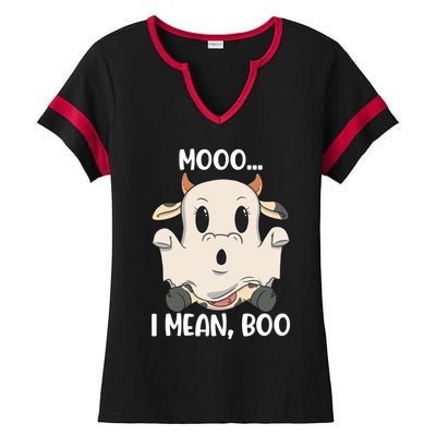 Ghost Cow Moo I Mean Boo Costume Halloween Gift Ladies Halftime Notch Neck Tee