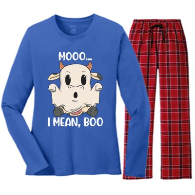 Ghost Cow Moo I Mean Boo Costume Halloween Gift Women's Long Sleeve Flannel Pajama Set 