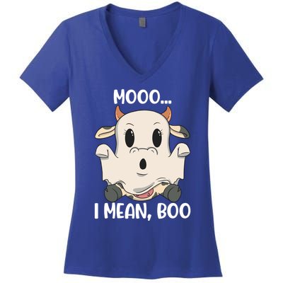 Ghost Cow Moo I Mean Boo Costume Halloween Gift Women's V-Neck T-Shirt