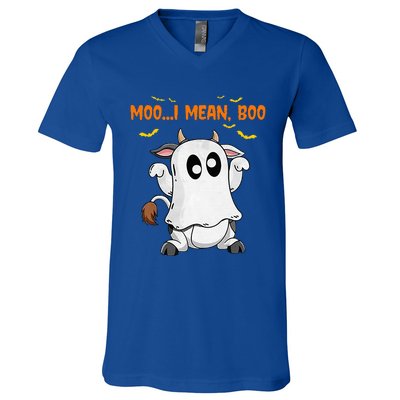 Ghost Cow Moo Mean Boo Pumpkin Moon Halloween V-Neck T-Shirt